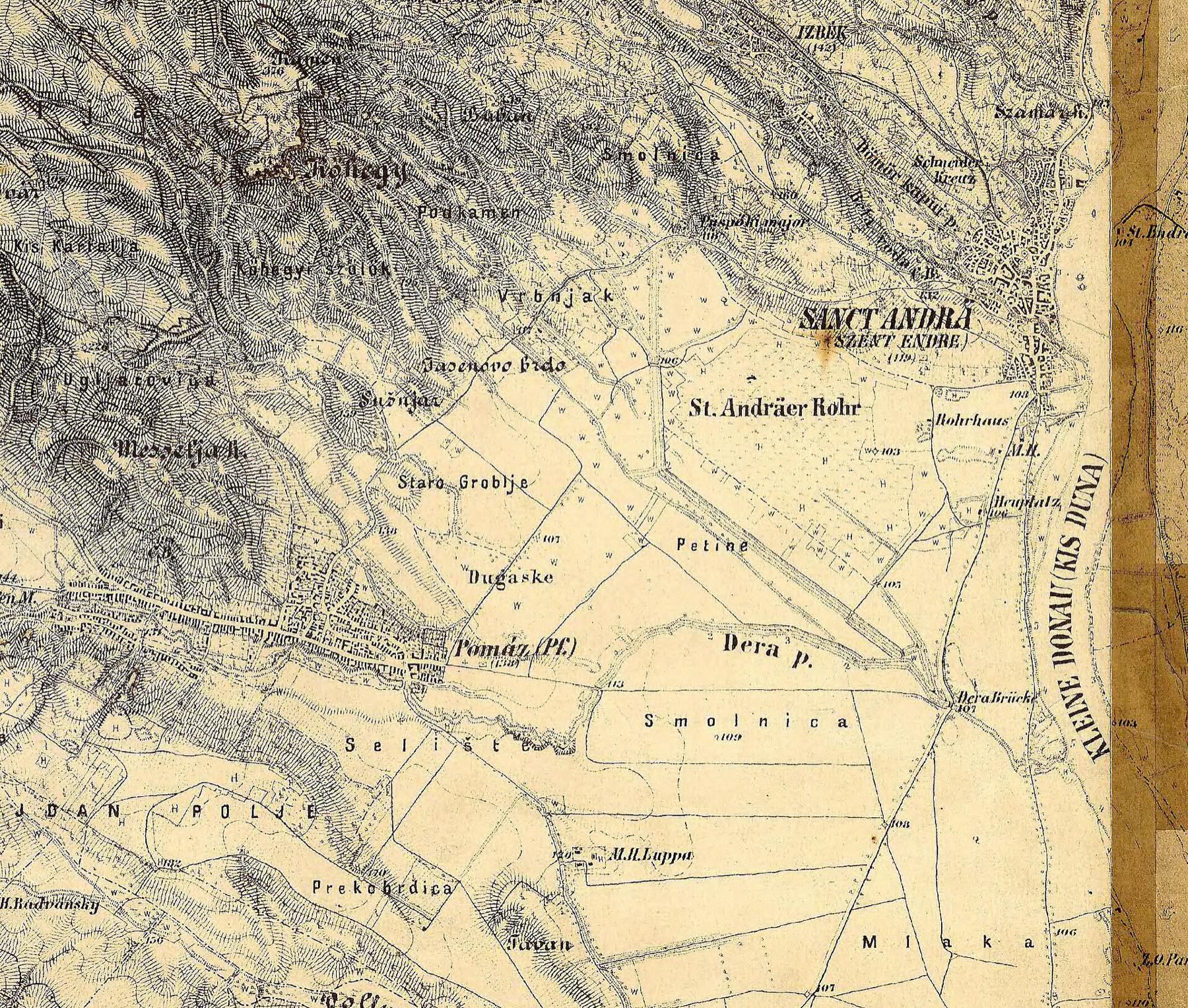 Pomáz és Szentendre környéke a harmadik katonai felmérés térképén, 1884